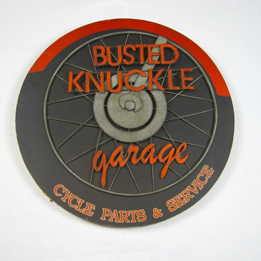 Garage Sign Busted Knuckle Motorcycle Parts & Service Wood and Metal Sign 16"